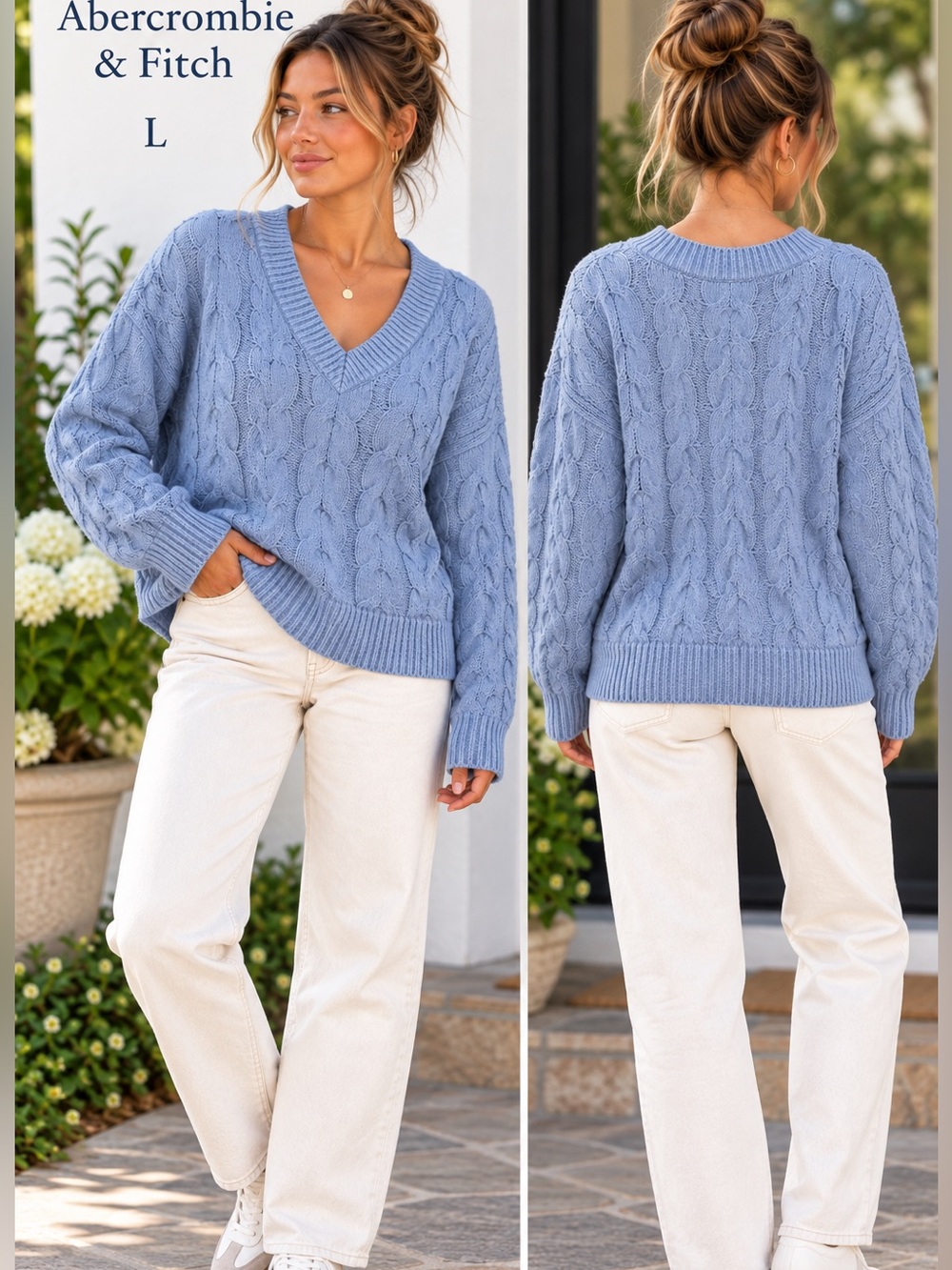 Abercrombie & Fitch Womens Large Blue Cable Knit Oversized Sweater chunky preppy